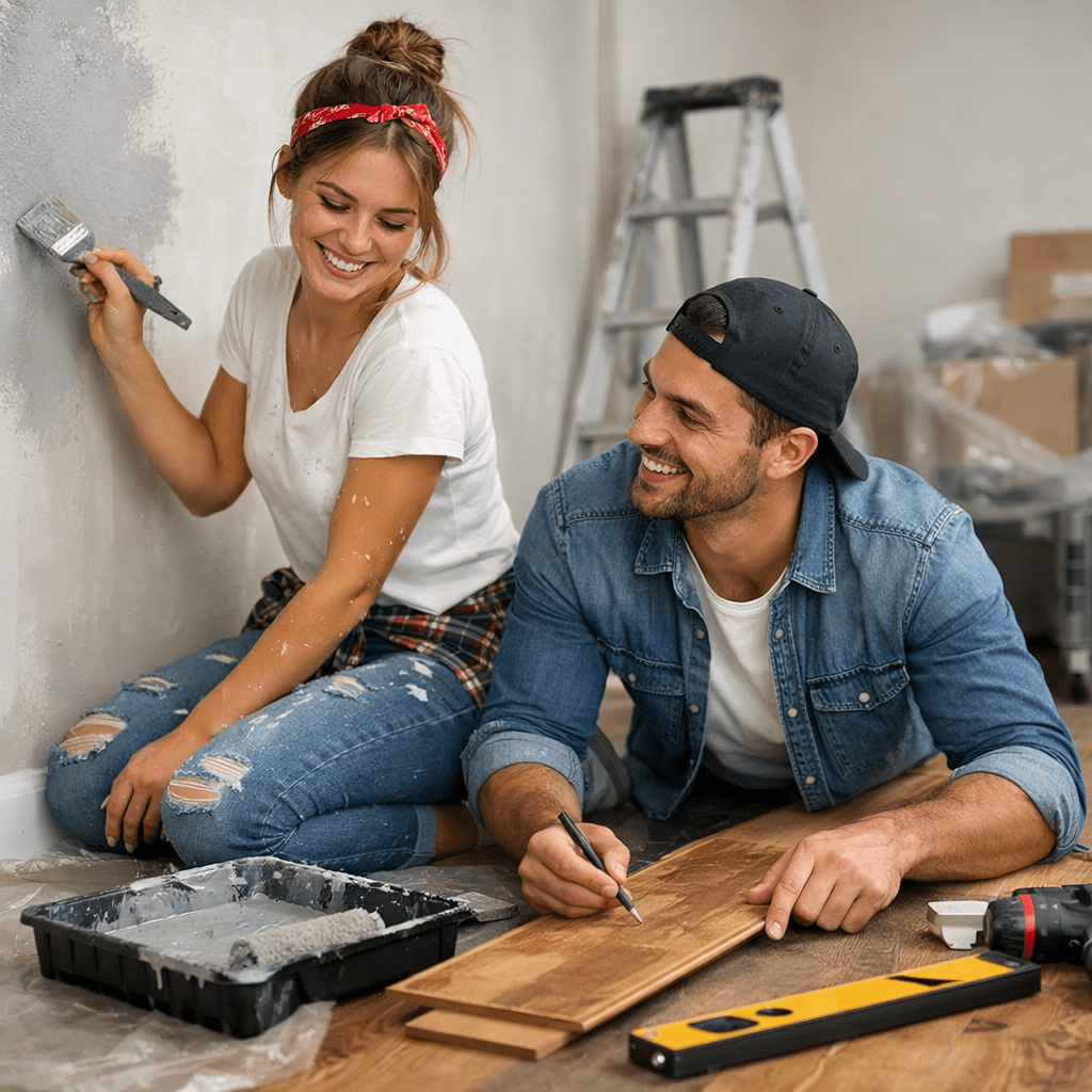 Couple renovating home, woman painting wall, man marking wooden floorboard