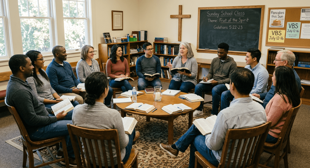 Diverse adults seated in a circle reading Bibles and discussing in a Sunday school classroom
