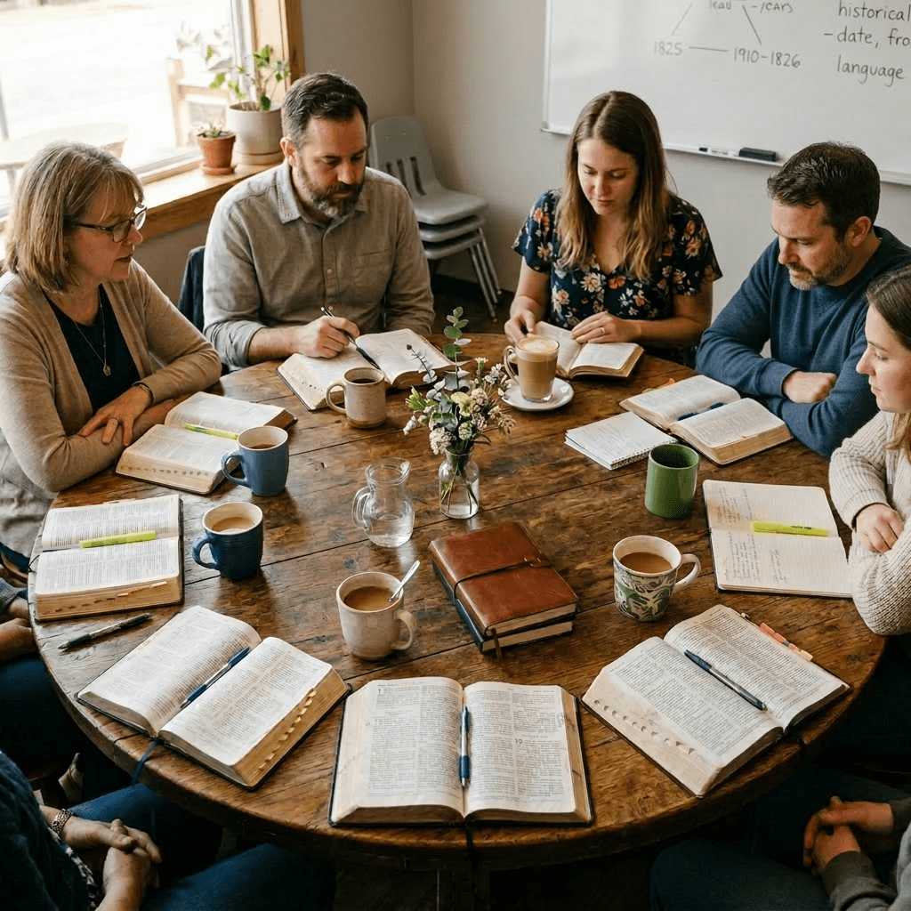 People sitting around a wooden table reading Bibles and drinking coffee