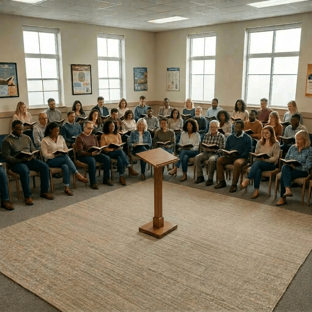 Group of people sitting with open Bibles in a circle for a study session