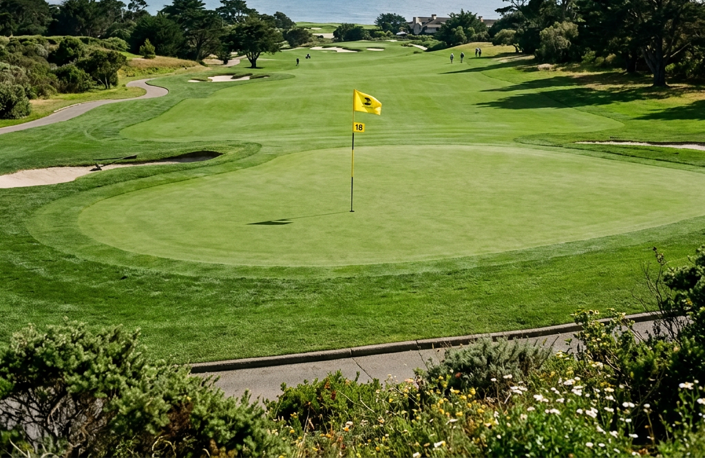 Golf green with flag marked 18, fairway extending towards the ocean coastline