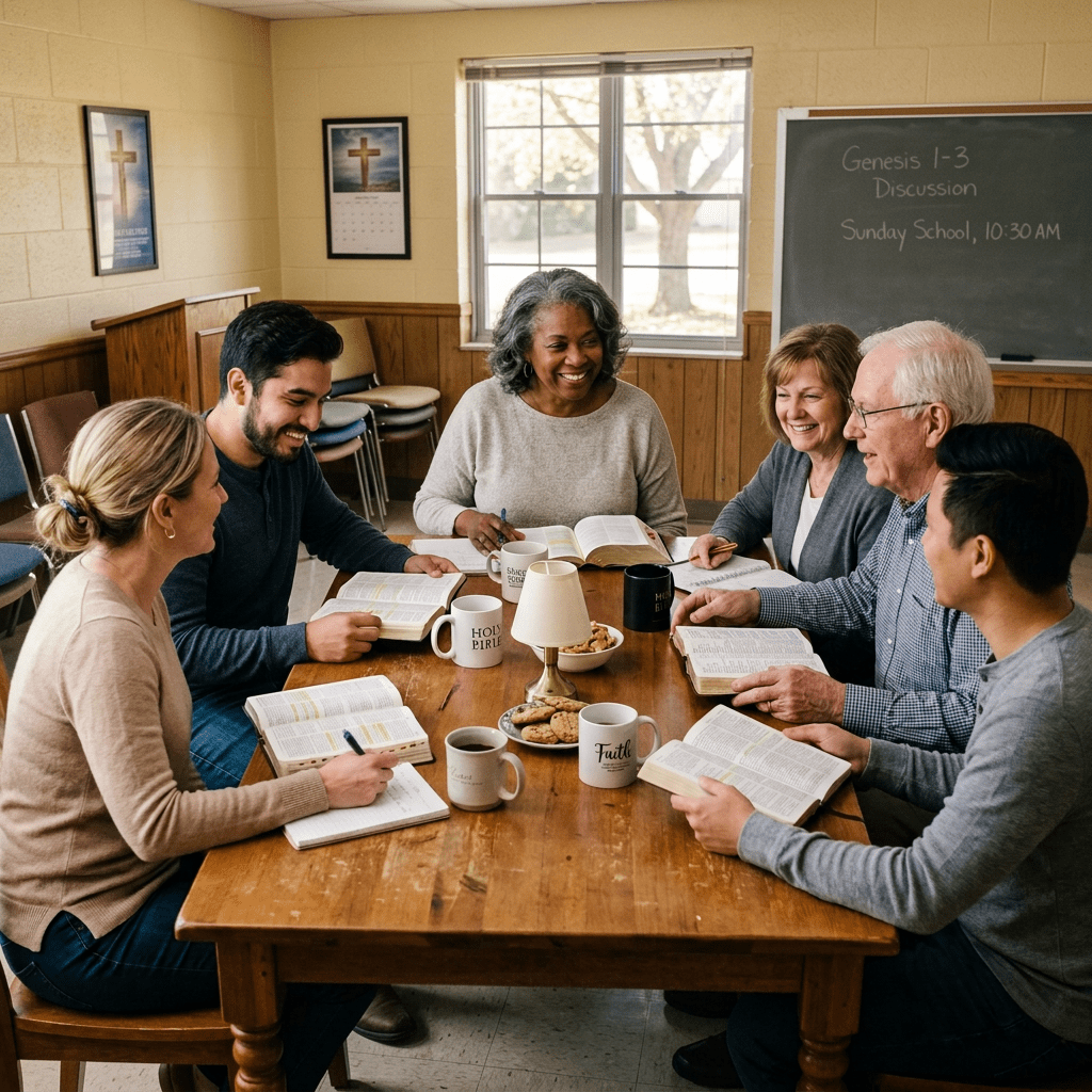 Six people sitting around a table studying the Bible together in a bright room