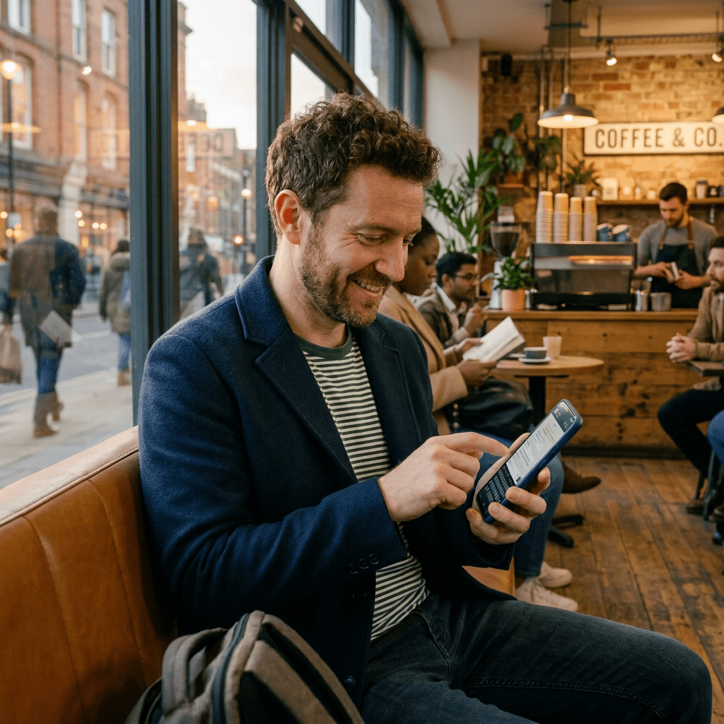 Man sitting on train seat using smartphone, smiling