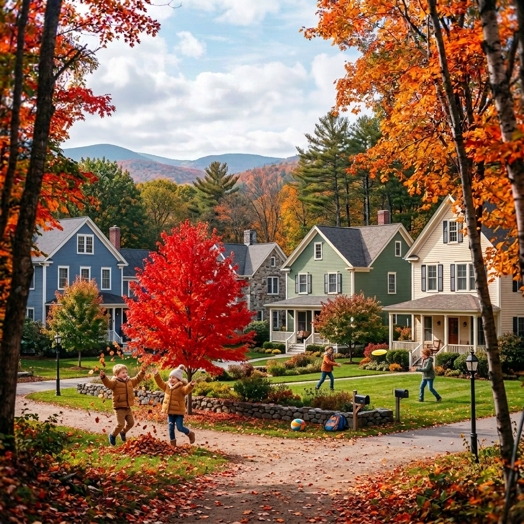 Forest trail with red, orange, and yellow autumn leaves