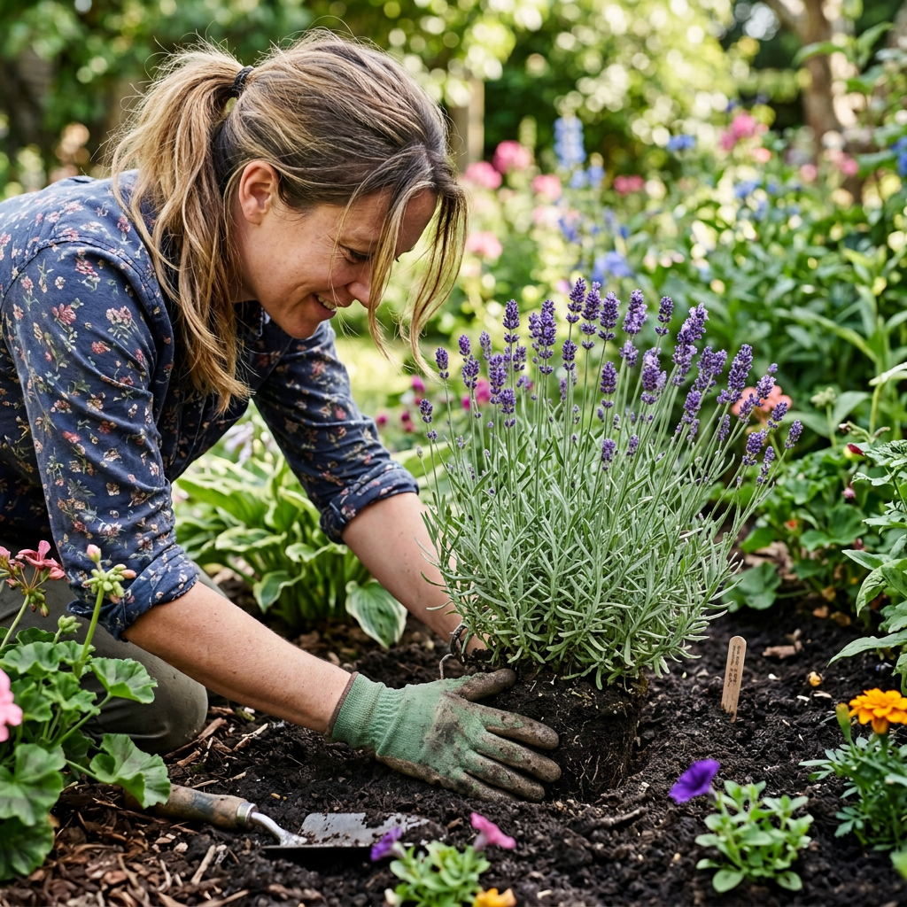 Woman wearing gloves planting a small lavender plant in garden soil