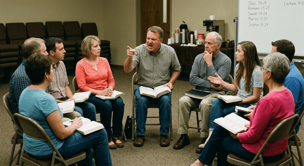 Adults discussing the Bible in a classroom circle