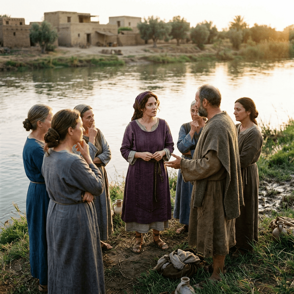 Six people gathered beside a river near a village at sunset