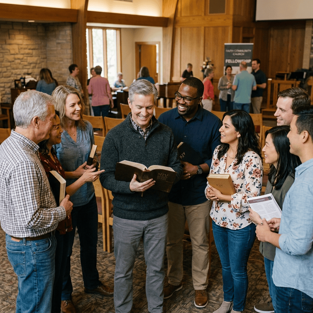 Diverse group of adults holding Bibles and talking in a church hall