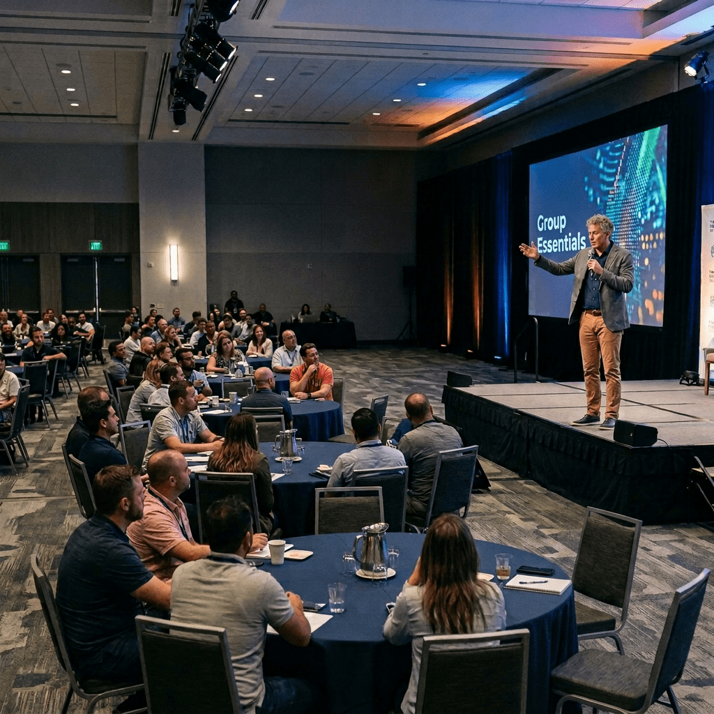 Speaker presenting to a seated audience at a technology conference