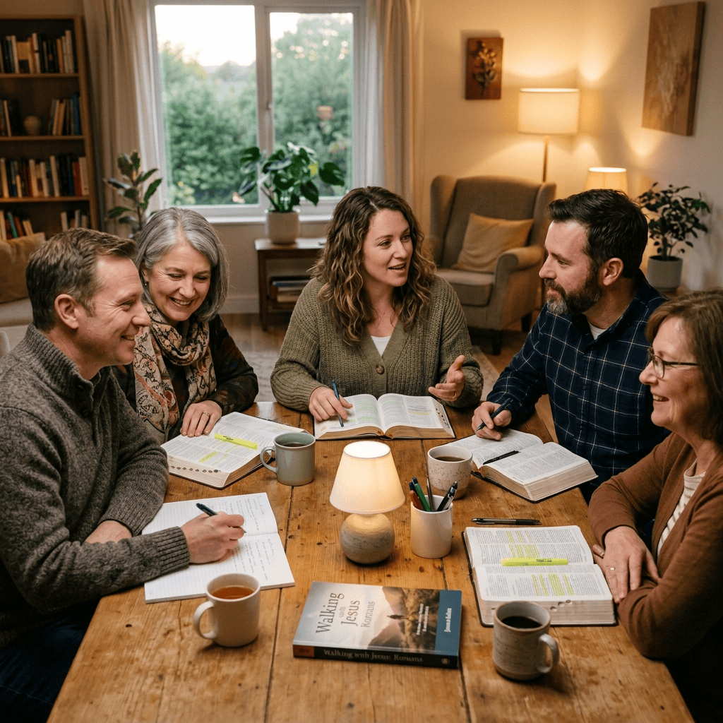 Six adults studying Bibles around a table with a book titled Walking with Jesus Romans