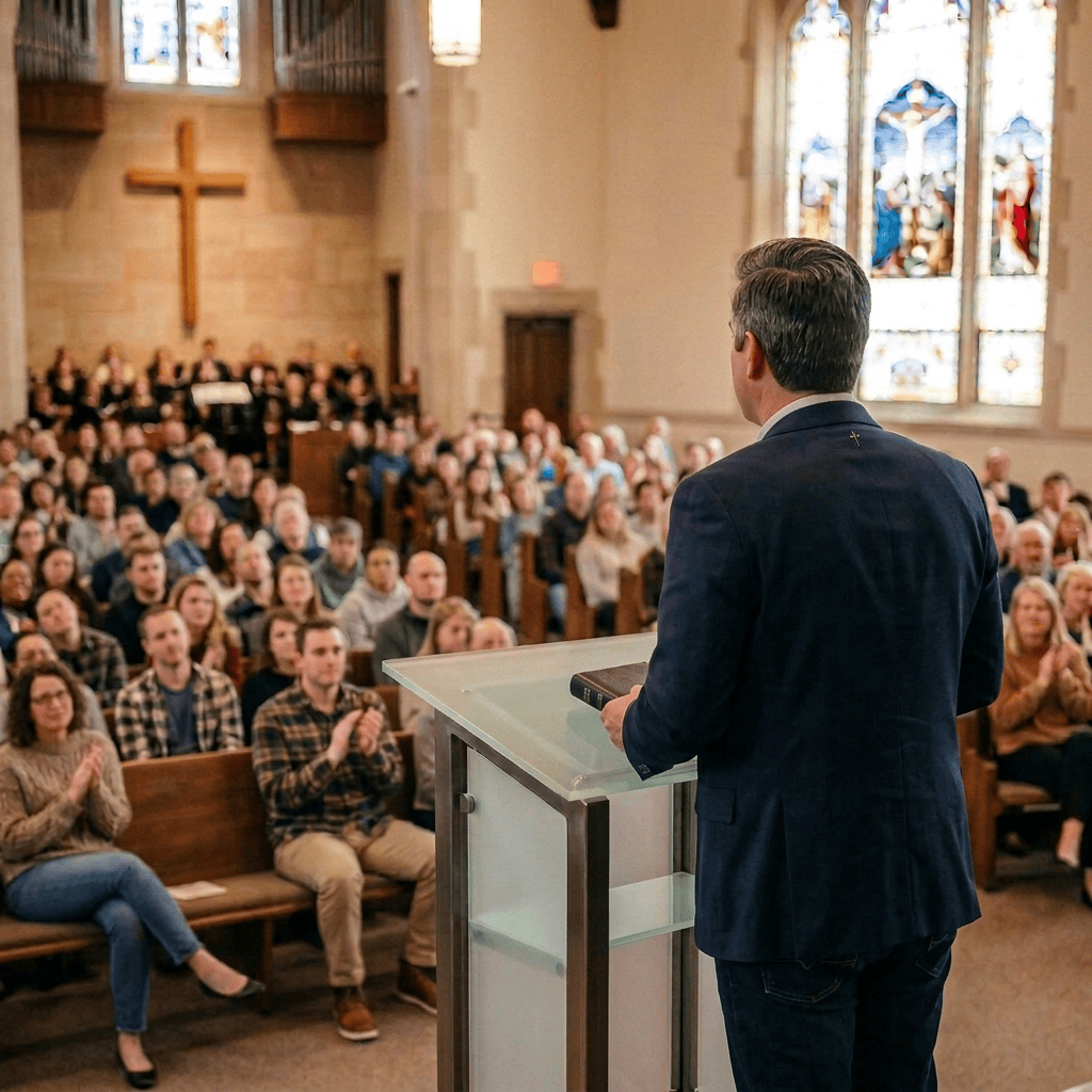 Man holding a Bible and speaking to a congregation from a church pulpit