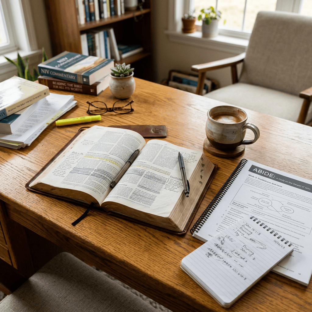 Open Bible, study notes, reference books, glasses, pens, and coffee on a wooden table