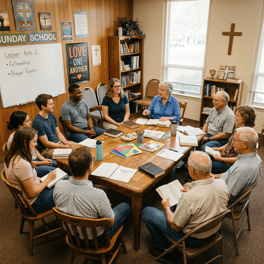 Diverse Sunday school group studying Bibles around a table