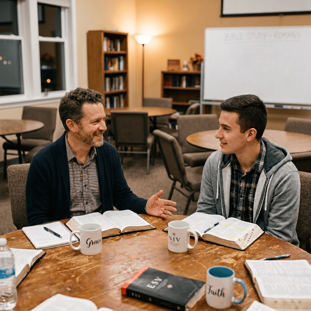 Adults discussing open Bibles during a community Bible study
