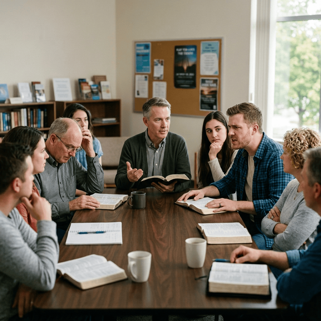 Diverse group discussing open Bibles around a table
