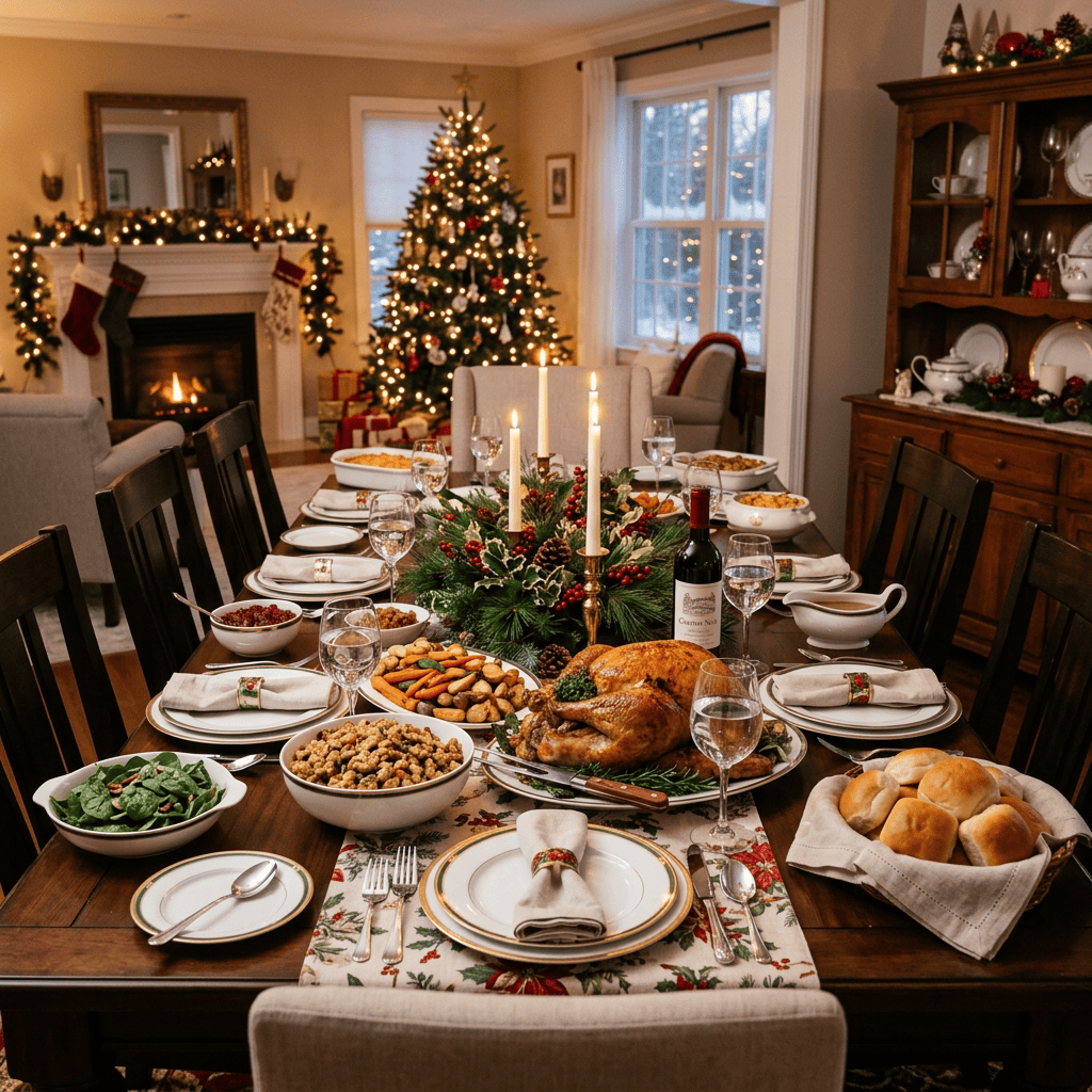 Festive dining table with roast turkey, Christmas decorations, and lit tree